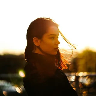 Person in front of a metal fence at sunset